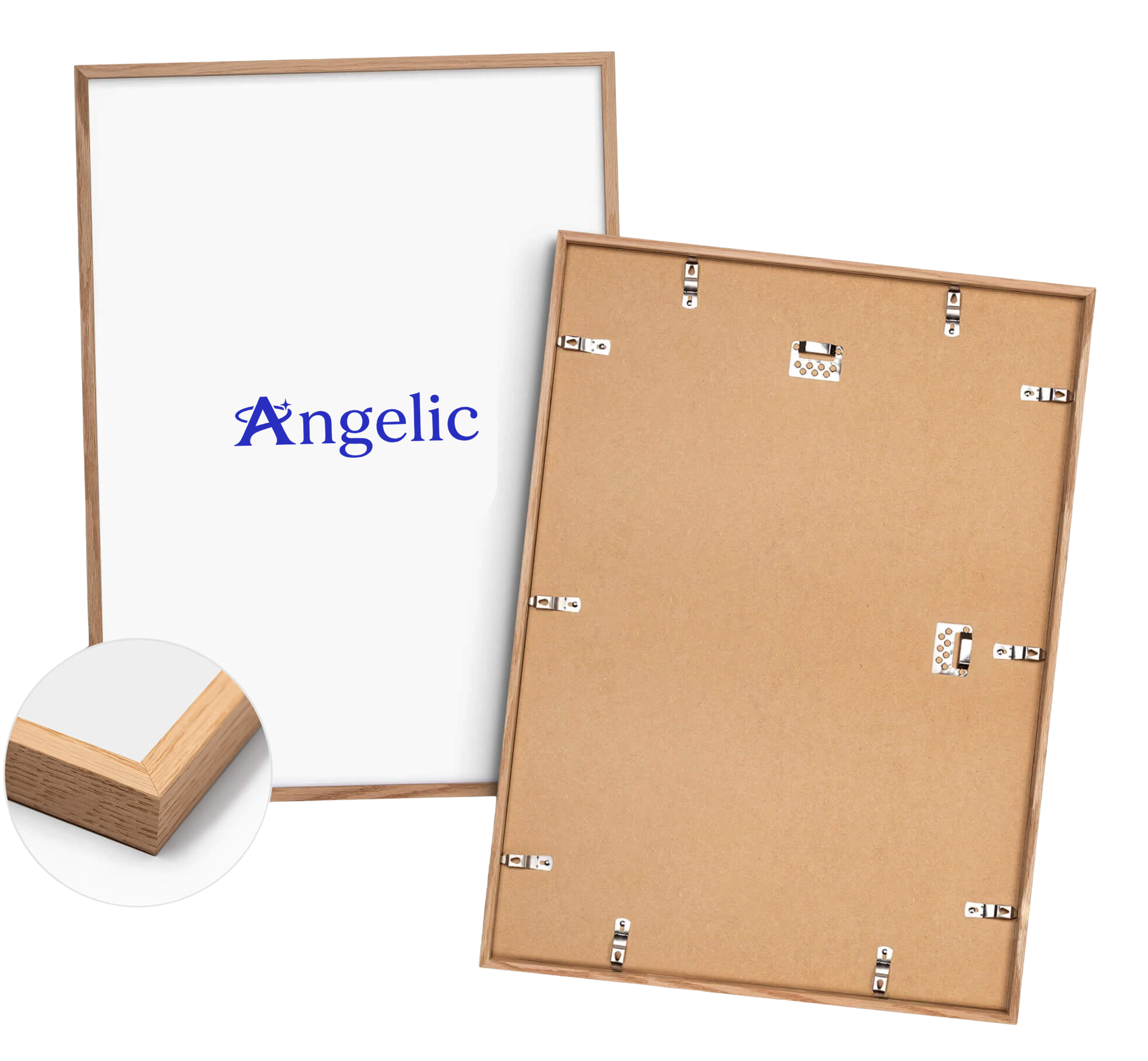 Oak Angelic frame shown from the front and back with hanging hardware